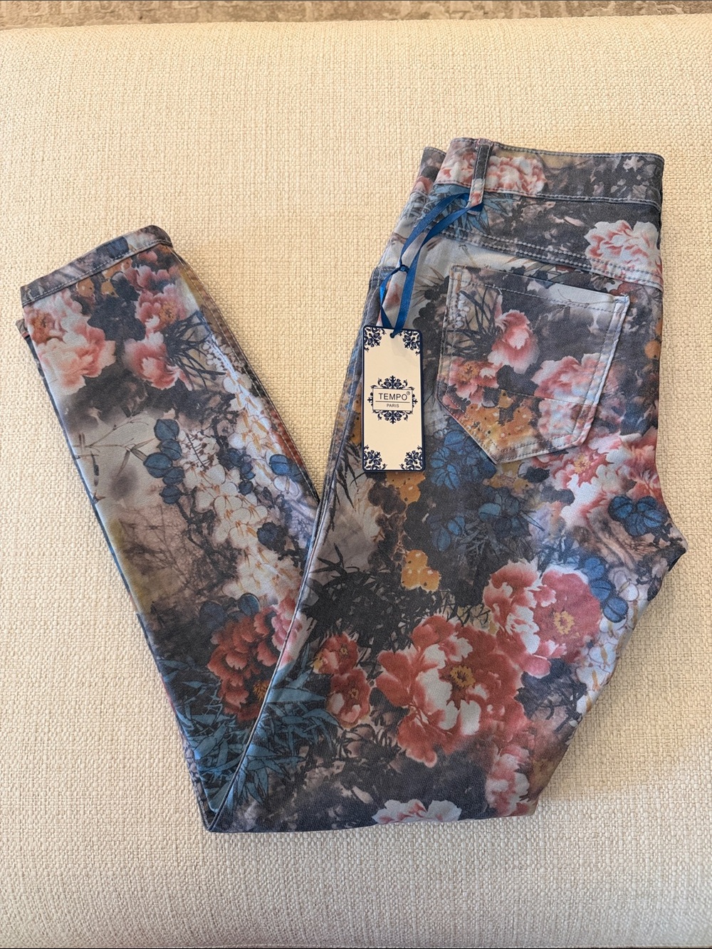 Tempo Paris Floral Denim Jacket and Jeans Set - Blue, Pink, Tan - Picture 9 of 10